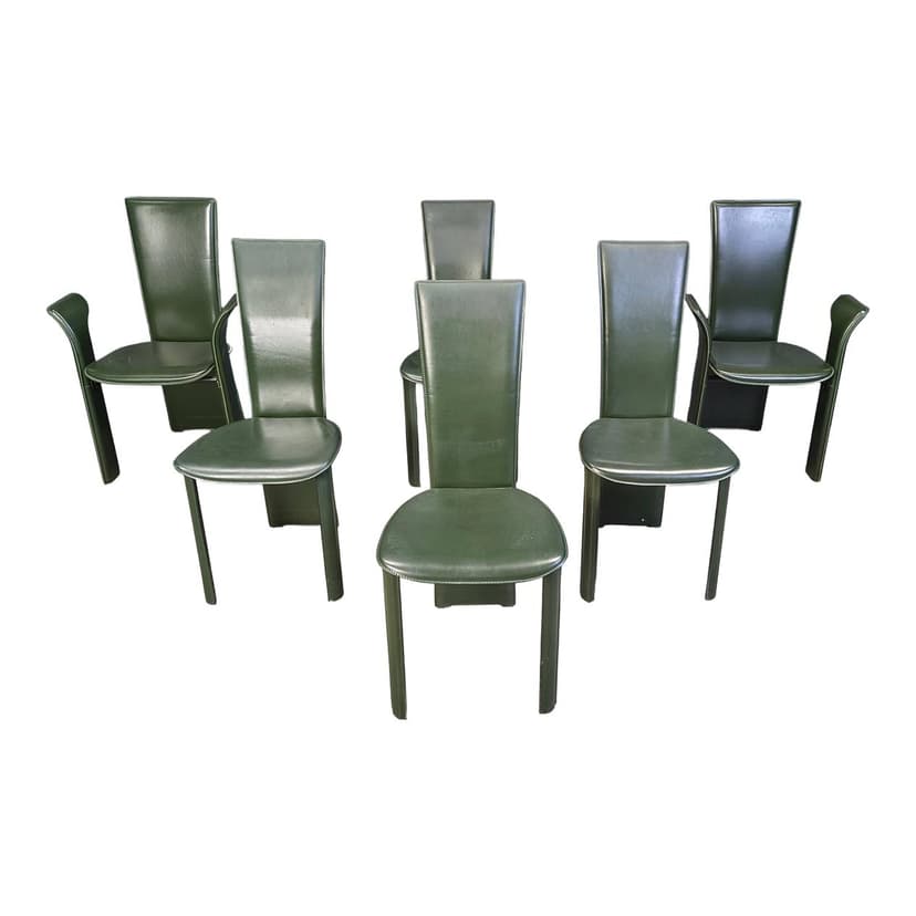 Set of six dining chairs, green leather, by P. Costantini, Italy, 1980s.