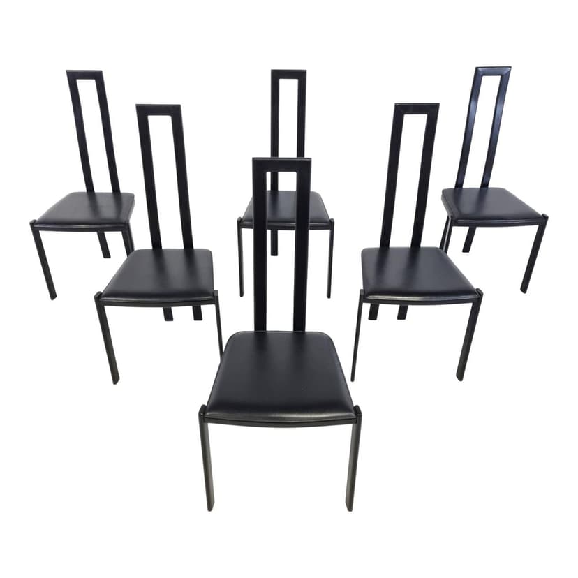 Set of Six Postmodern Dining Chairs, black metal, black leather, Italy, 1980s.
