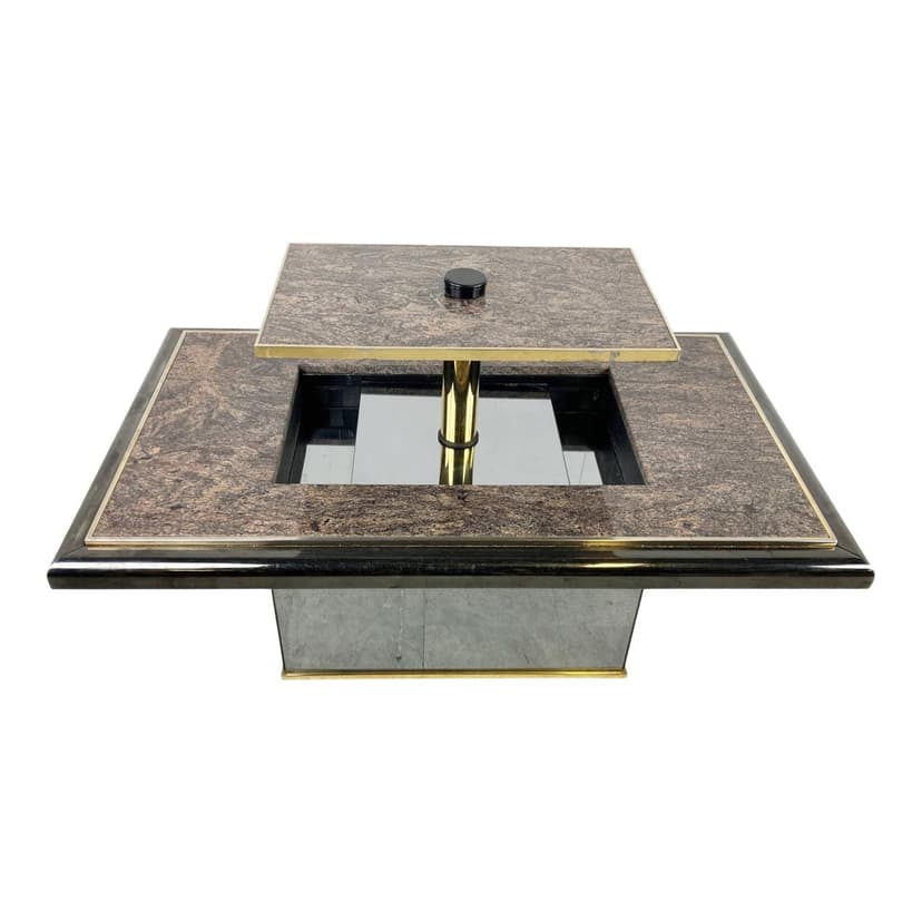 Coffee table, brown marble, brass, glass, black wood, Belgium, 1980s.