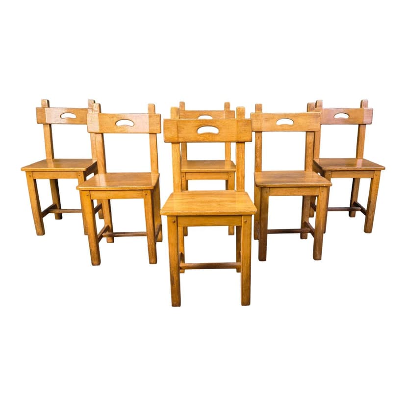 Set of six dining chairs, brown oak, Belgium, 1970s.