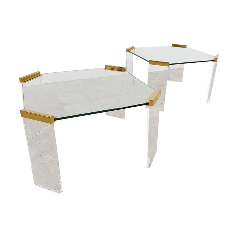 Pair of coffee tables, transparent and gold, glass, plexiglass, brass, Belgium, 1970s.