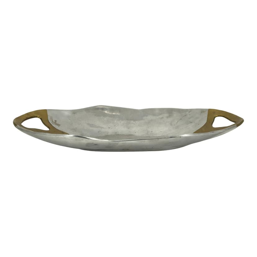 Brutalist tray, silver aluminum, gold brass, by D. Marshall, Spain, 1970s.