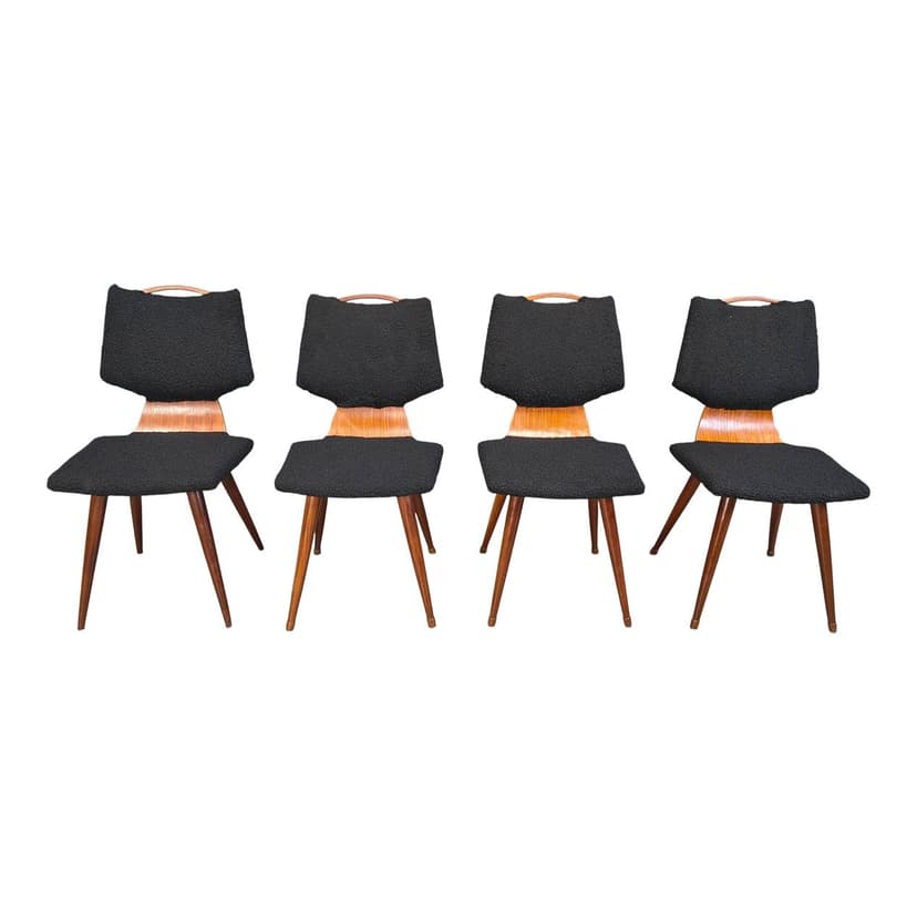 Set of four dining chairs, black bouclé, brown wood, Denmark, 1960s.