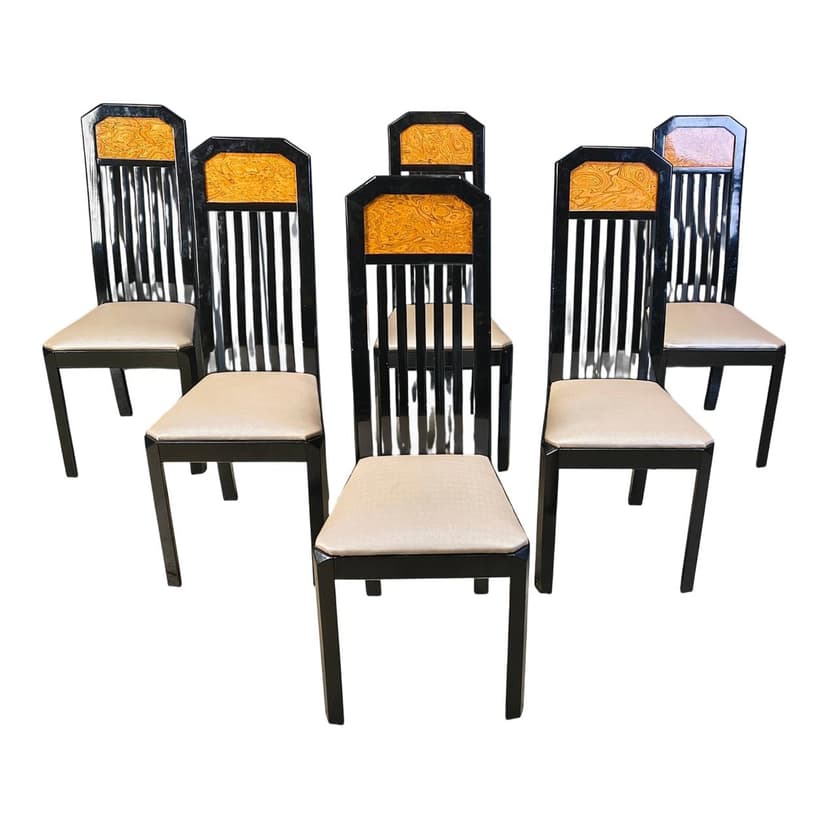 Set of six dining chairs, brown burl, black wood, France, 1980s.