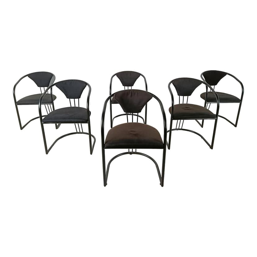 Set of six postmodern dining chairs, black metal, black and brown fabric, Italy, 1980s.