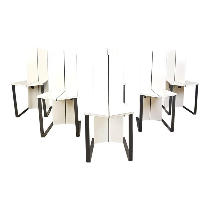 Set of six dining chairs, Space Age, white wood, black metal, Italy, 1980s.