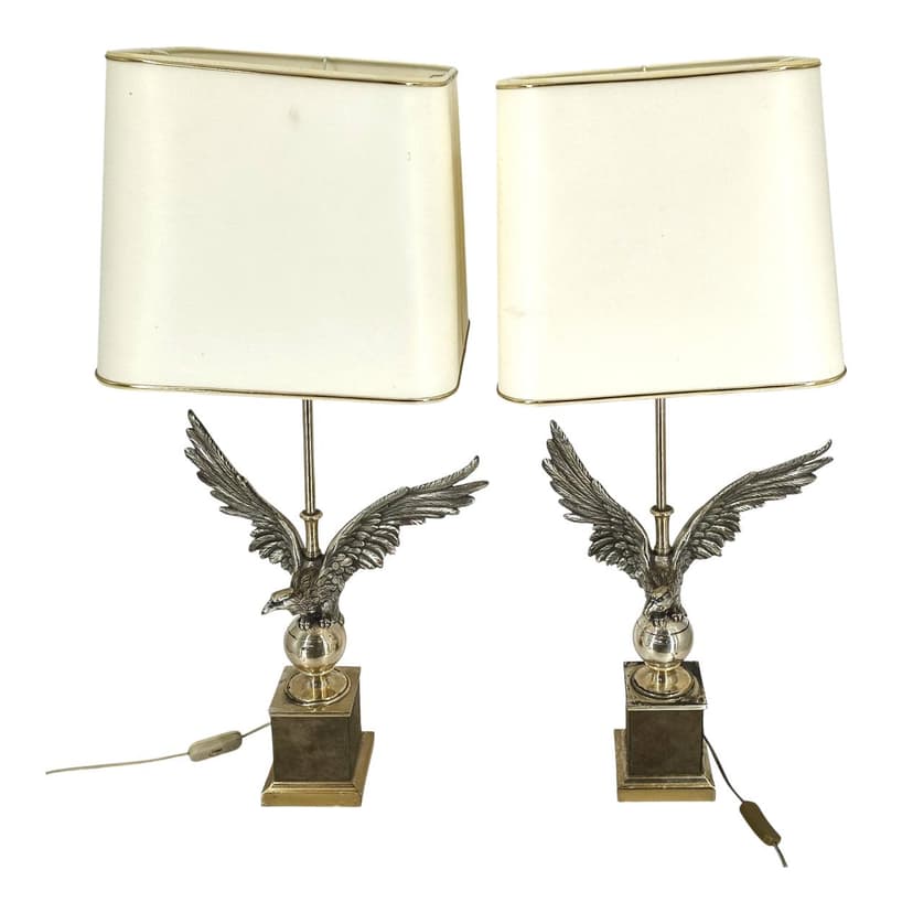 Para lamp stołowych orzeł, metal srebrny złoty, tkanina beżowa, Kanada, lata 70.