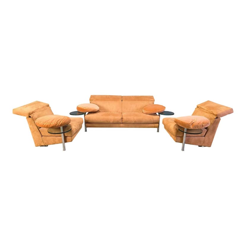Three-piece sofa set Arca, beige suede, glass, brushed steel, by P. Piva, B&B Italia, Italy, 1980s