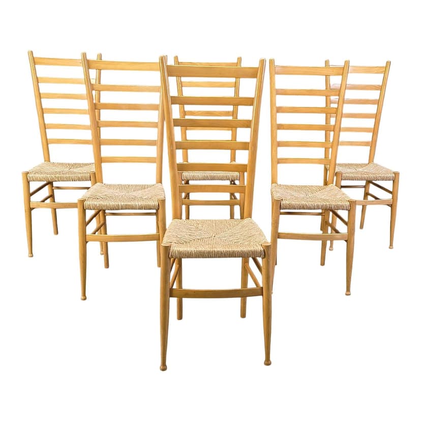 Set of six ladder back chairs, light brown beech, beige wicker, Italy, 1970s.