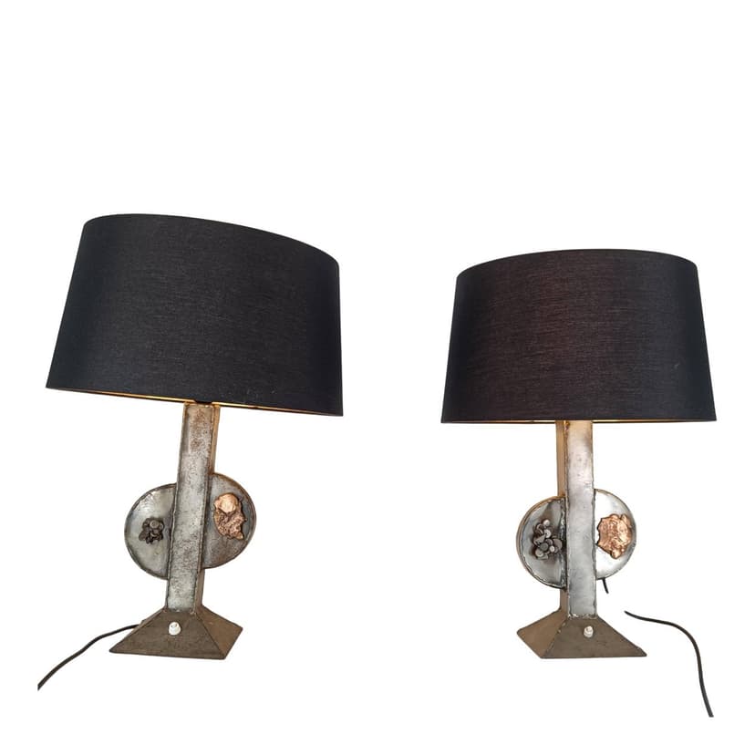 Para lamp stołowych brutalistycznych, aluminium srebrny, tkanina czarna, Belgia, lata 70.