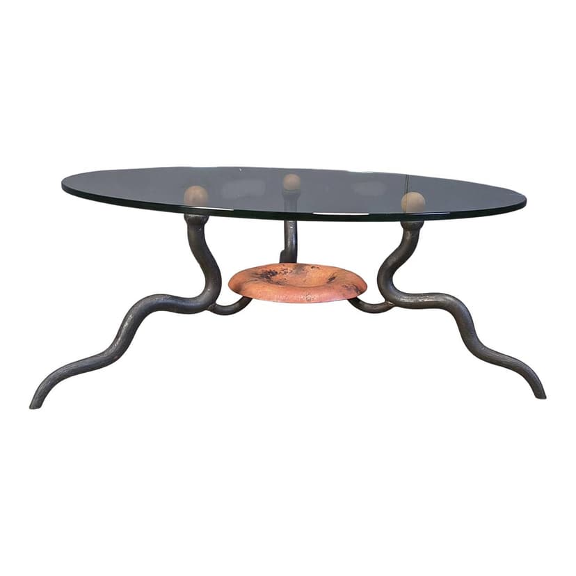 Coffee table, transparent glass, black iron, copper, Netherlands, 1970s.