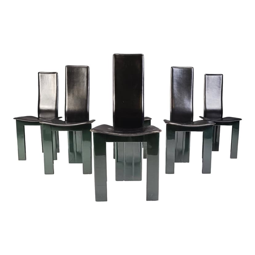 Set of six dining chairs, black leather, green lacquered wood, Italy, 1980s.