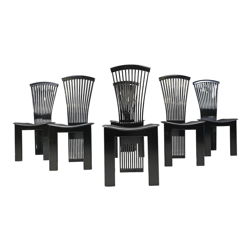 Set of six dining chairs, black lacquered wood, by P. Costantini, Italy, 1980s.
