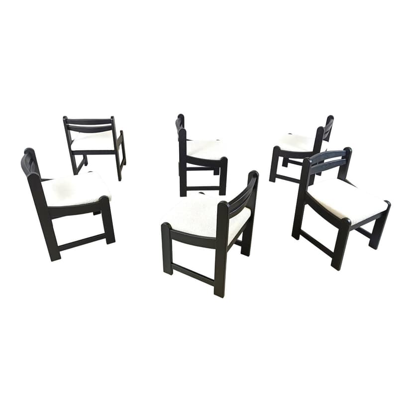 Set of Six Brutalist Dining Chairs, black wood, white bouclé, Germany, 1970s