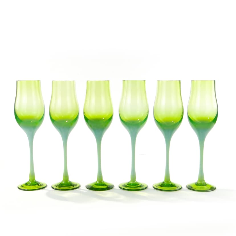 Set of goblets Lotos, green yellow transparent glass, by Z. Horbowy, Huta Szkła Artystycznego 'Barbara', Poland, 1970s.