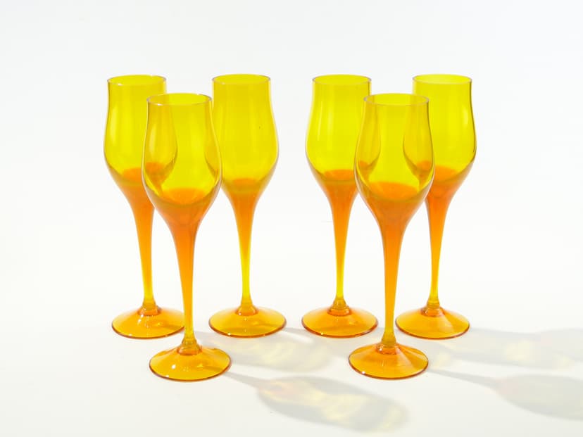 Set of goblets Lotos, orange yellow transparent glass, by Z. Horbowy, Huta Szkła Artystycznego 'Barbara', Poland, 1970s.