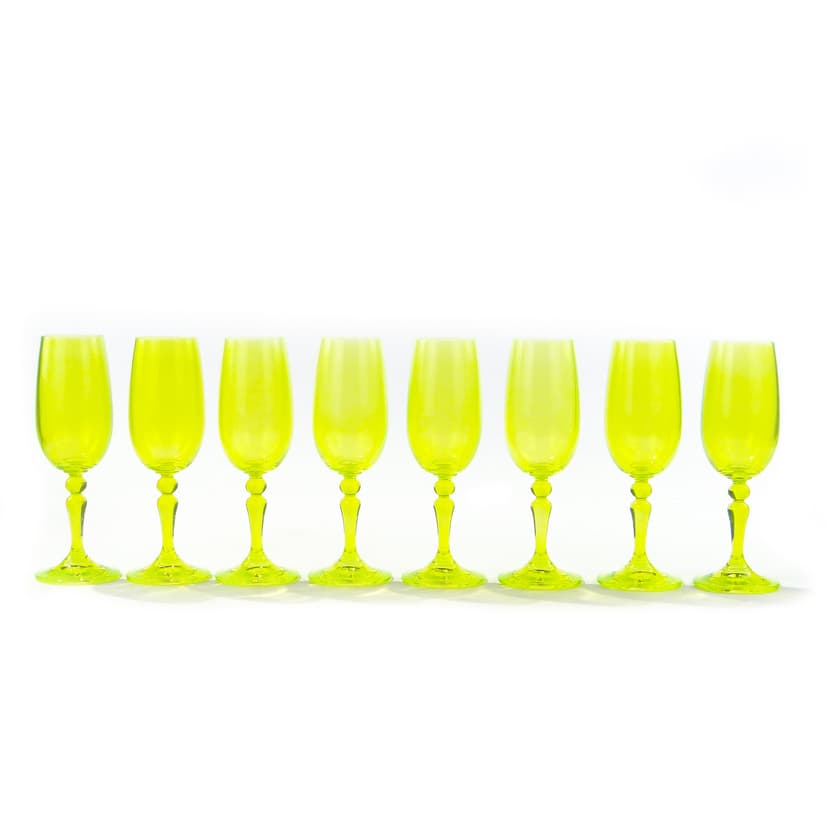 Set of wine glasses, yellow-green uranium glass, Borské Sklo, Czechoslovakia, 1960s.