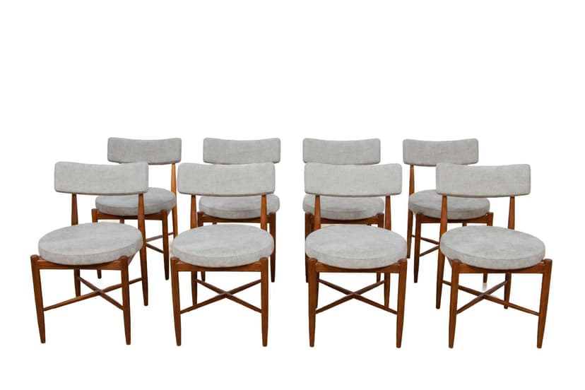 Set of eight chairs, grey, brown teak, by I. Kofod-Larsen, G-Plan, United Kingdom, 1960s.
