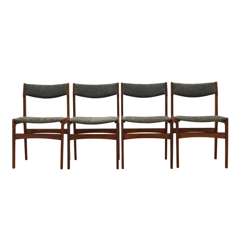 Set of four chairs, brown teak, grey fabric, Denmark, 1970s.