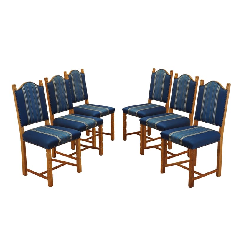 Set of six chairs, oak, blue fabric, by H. Kjaernulf, Denmark, 1960s.
