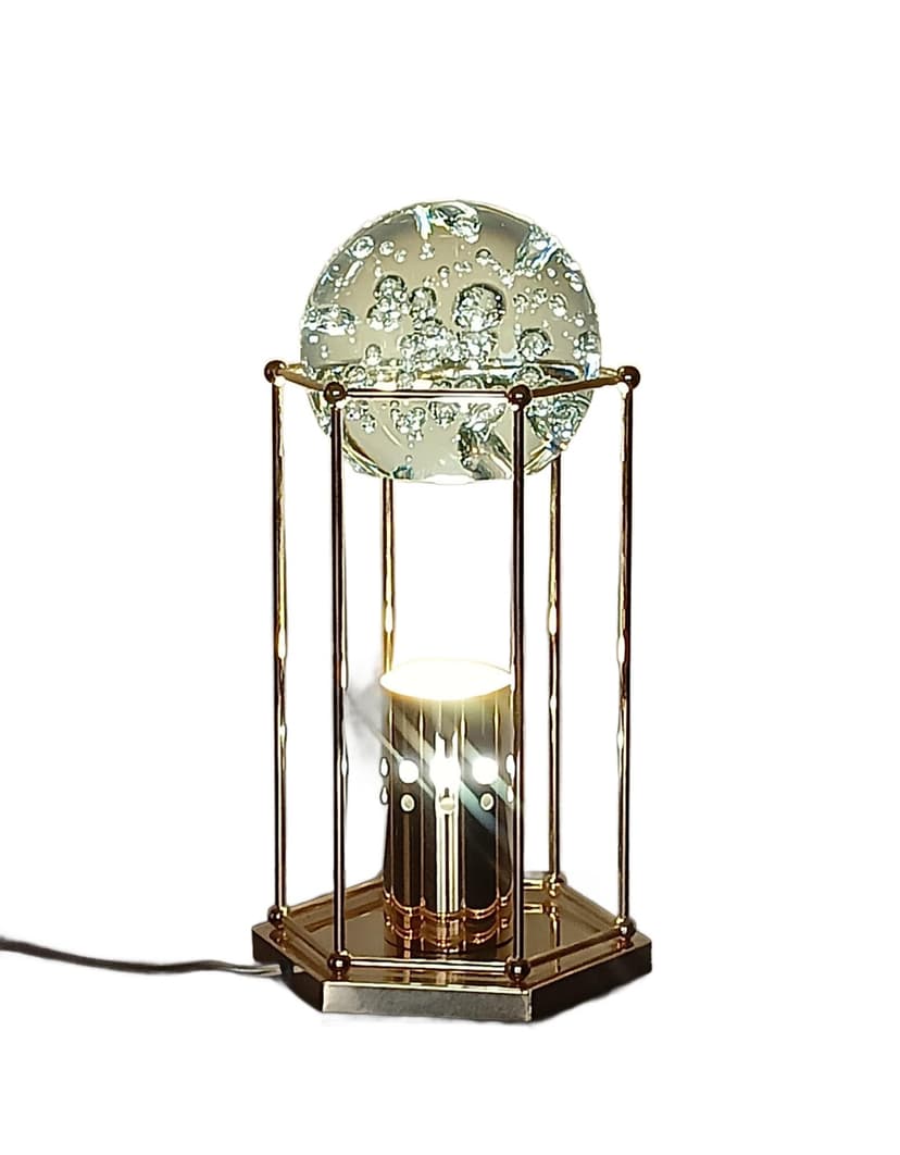 Lampa stołowa, złocony metal, szkło przezroczyste, Niemcy, lata 80.