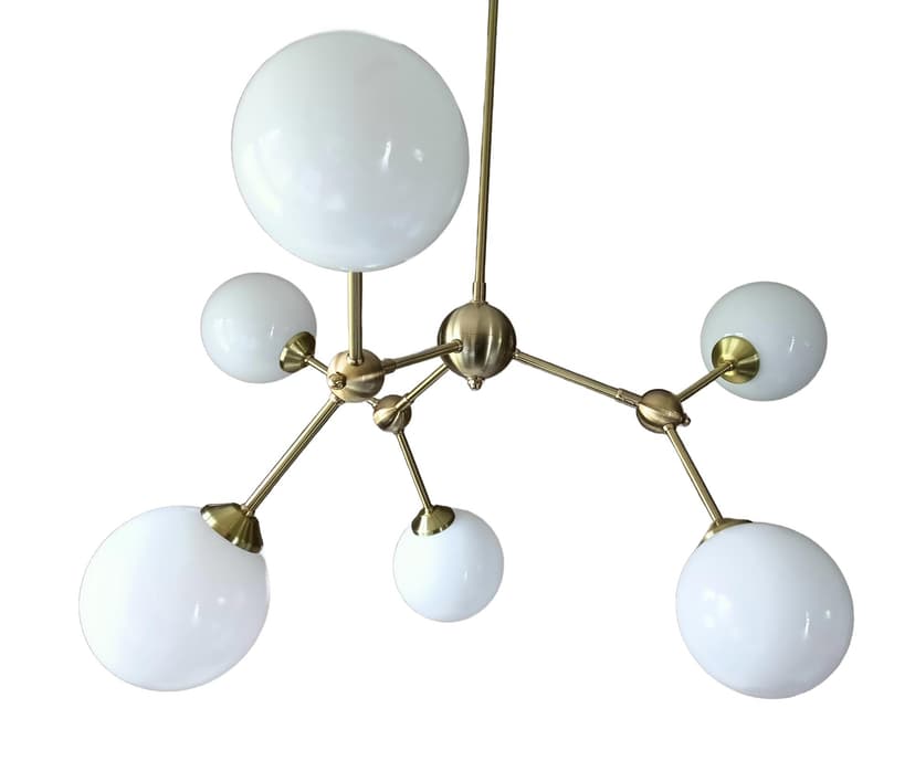 Molecular chandelier, gold brass, white opal glass, Germany, 1970s