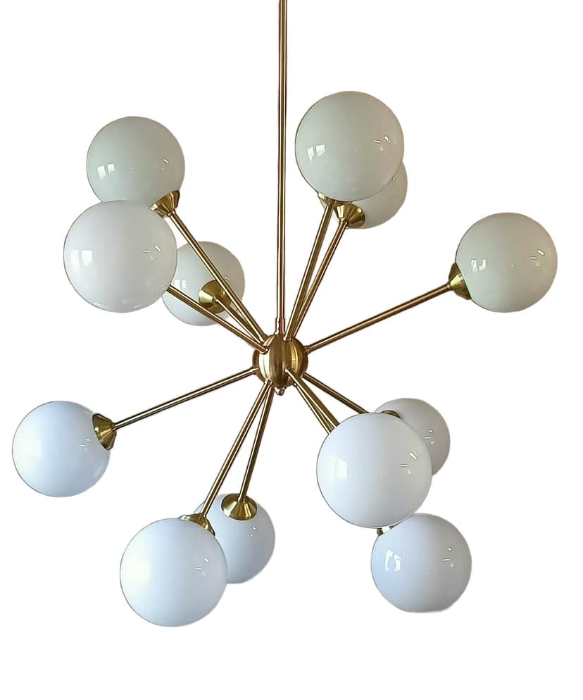 Chandelier Sputnik, gold brass, white glass, Germany, 1970s.
