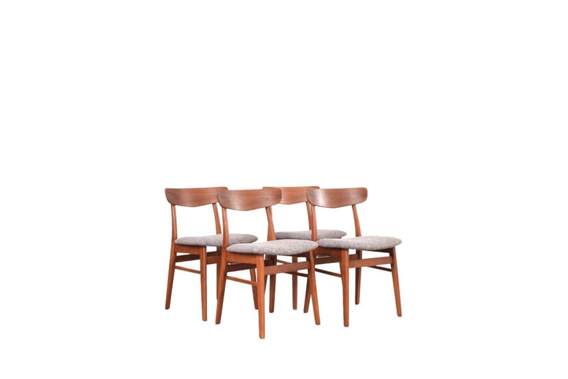Set of four chairs, brown teak, brown beech, grey wool, Farstrup, Denmark, 1960s.