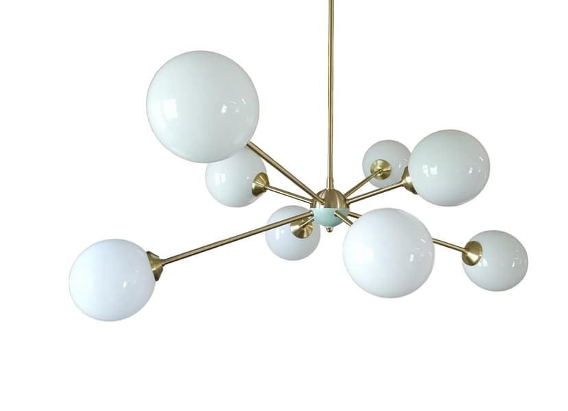 Chandelier Sputnik, gold brass, white glass, Germany, 1970s.