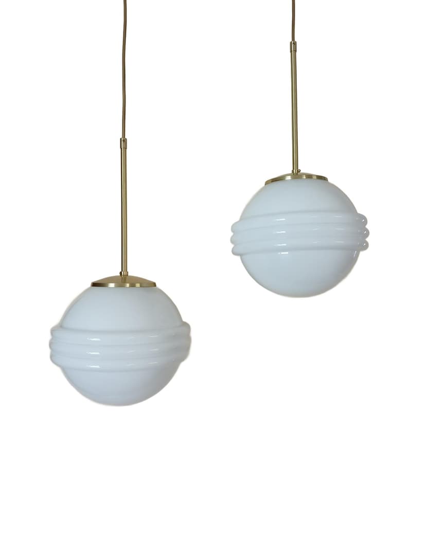 Pair of pendant lamps Art Deco, white opaline glass, gold brass, Germany
