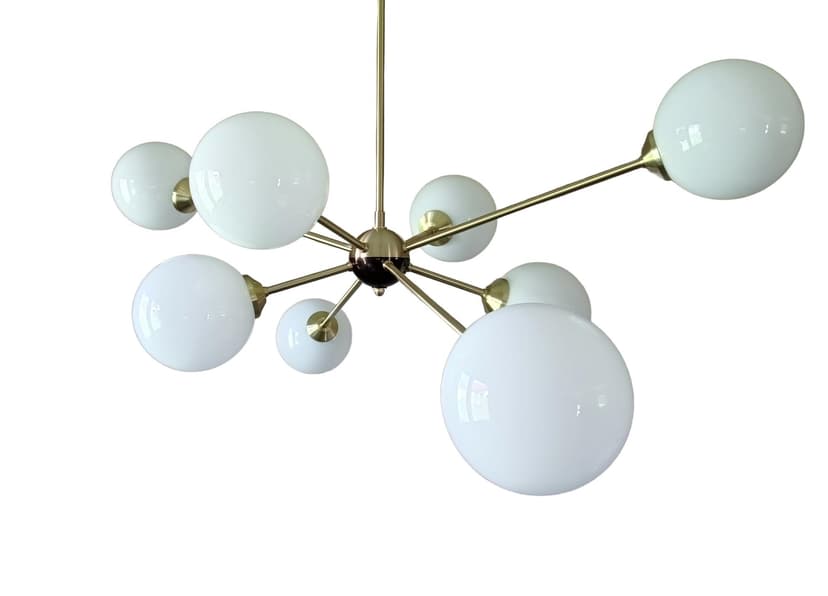 Chandelier Sputnik, gold brass white glass, Germany, 1970s