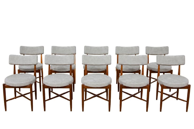 Set of ten chairs, brown teak, grey fabric, by I. Kofod-Larsen, G-Plan, United Kingdom, 1960s.