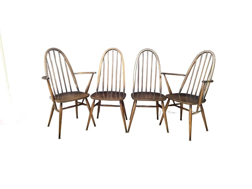 Set of Four Quaker Windsor Chairs, brown, beech, elm, by L. Ercolani, United Kingdom, 1980s.