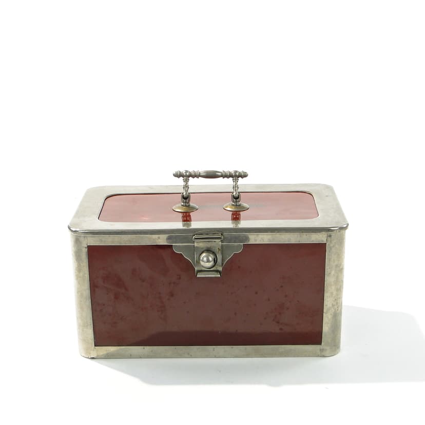 Confectionery box, Art Nouveau, burgundy ceramic, silver chrome-plated brass, Western Europe, early 20th c.