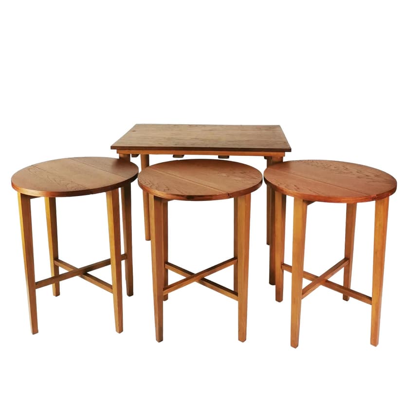 Zestaw czterech stolików, Mid Century, buk brązowy, teak, proj. P. Hundevad, Czechosłowacja, lata 60.