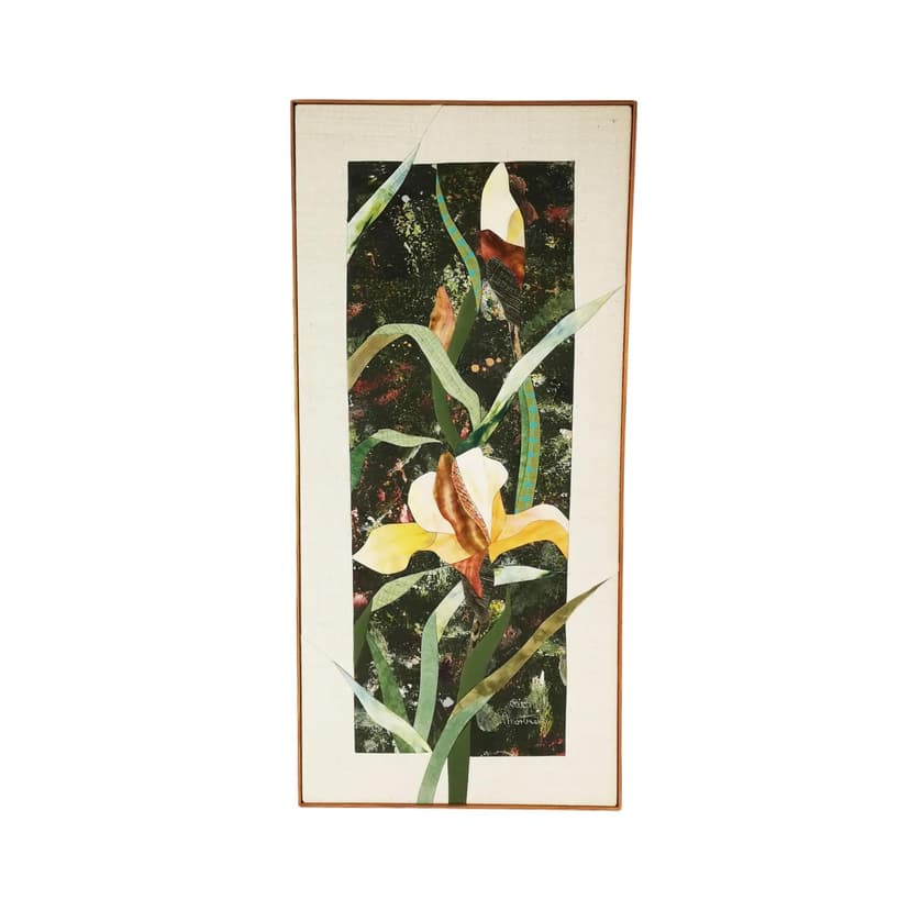 Gobelin ścienny, zielony żółty biały niebieski brązowy, bawełna tkanina rama drewniana, art. R. Mortensen, Dania, lata 90.