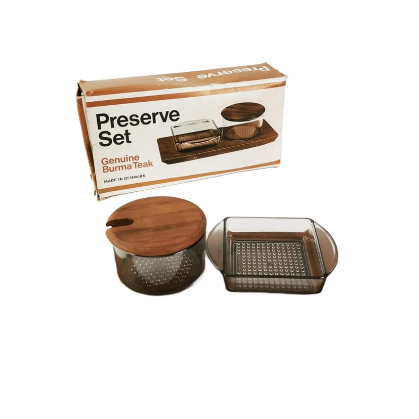 Spice set Mid Century, brown teak, transparent glass, Denmark, 1960s.