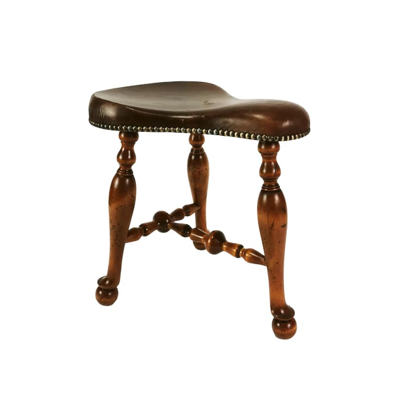 Taboret wiktoriański, brązowy, drewno, skóra naturalna, Hiszpania, XIX w.