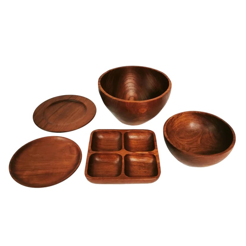 Set of five Mid Century tableware pieces, brown teak, Denmark, 1960s.