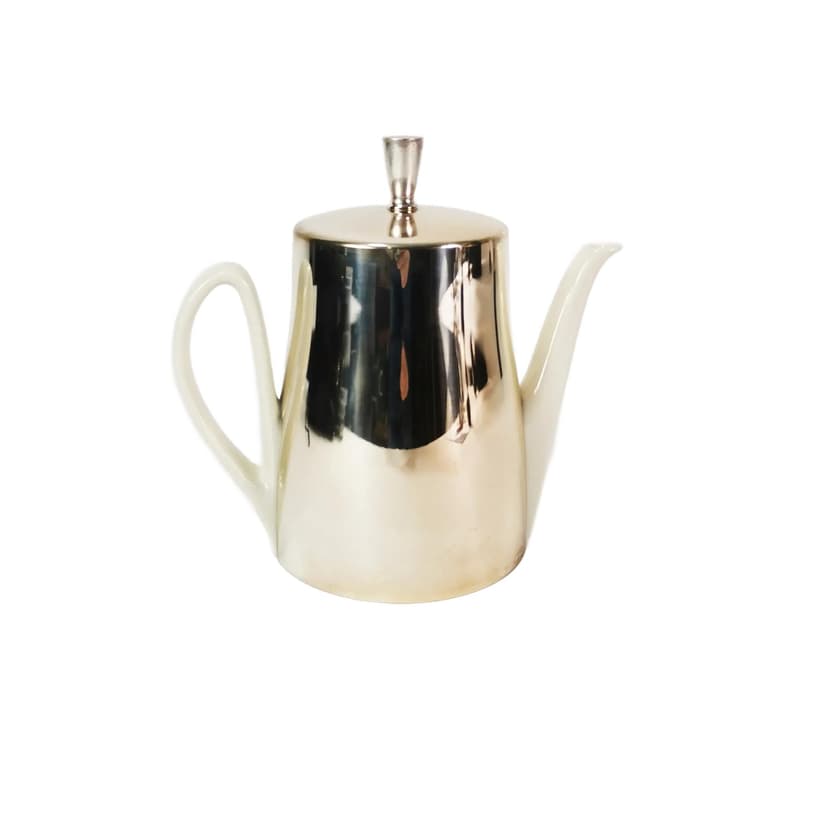 Dzbanek z ocieplaczem Art Deco, porcelana biała, metal srebrny, Niemcy, lata 50.