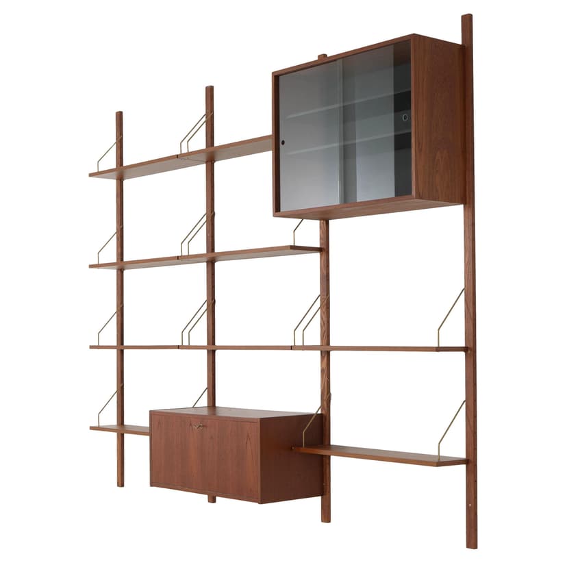 Regał systemowy, teak brązowy, metal srebrny, Dania, lata 70.