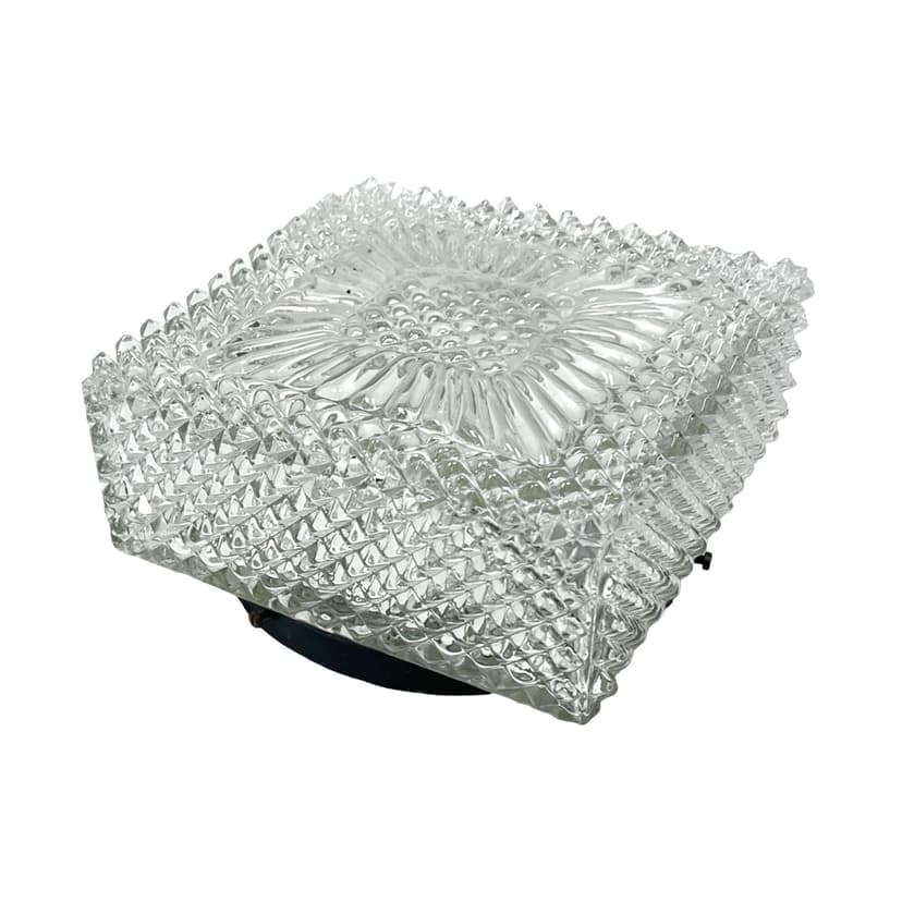 Flush mount Space Age cube, transparent glass, black metal, Hillebrand, Germany, 1970s.