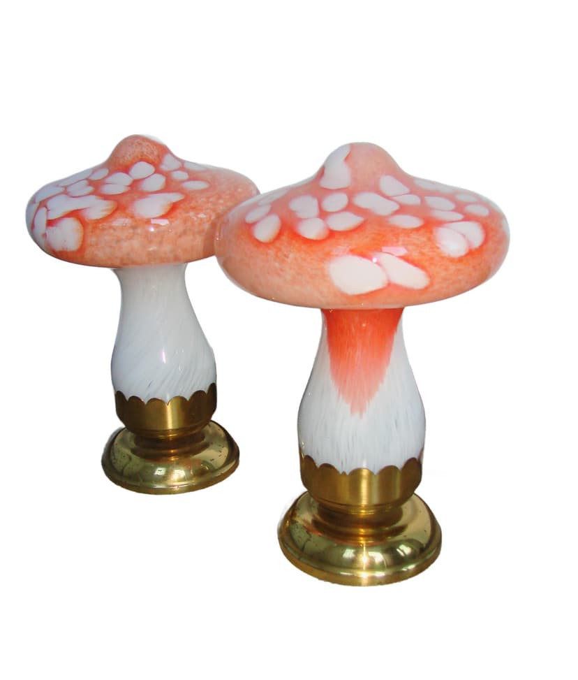 Komplet lamp stołowych Grzybki, szkło białe pomarańcz, mosiądz, lata 90.