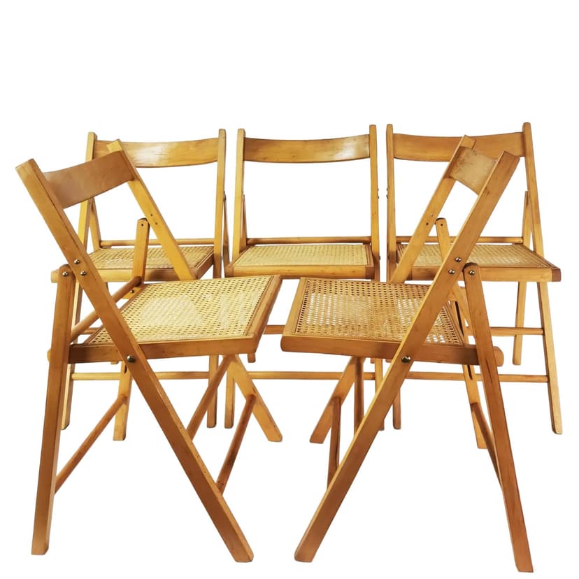 Set of five folding chairs, brown beech, beige raffia, Germany, 1980s.