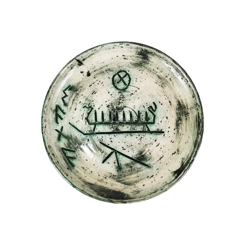 Wall plate, beige green stoneware, Norway, 1960s.