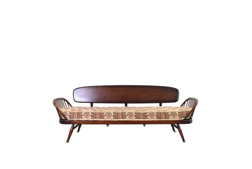 Sofa Studio Couch, beżowa, wiąz brązowy, buk, tkanina, proj. L. Ercolani, Ercol, Wielka Brytania, lata 60.
