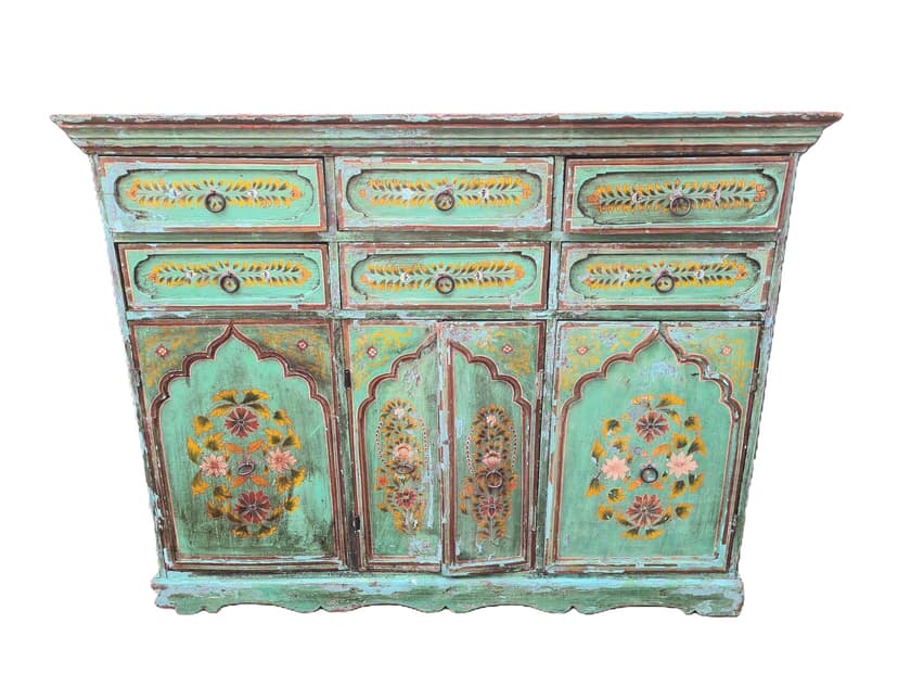 Sideboard Indian, turquoise-green, wood, metal, India, 1970s