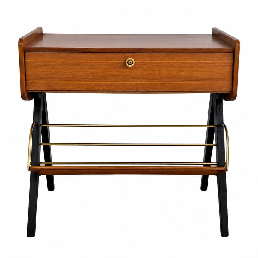 Audio Cabinet, brown veneer, brown wood, gold brass, Germany, 1960s.
