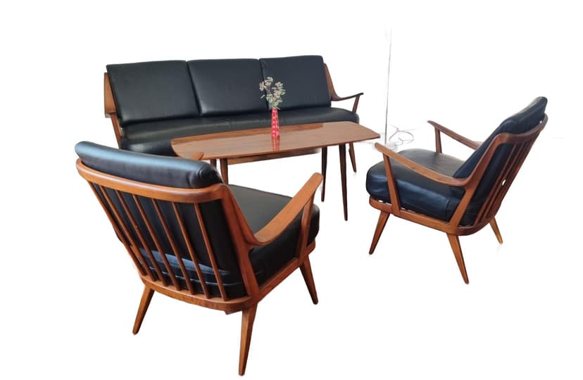 Lounge set Antimott, black leather, brown wood, Knoll, 1960s.