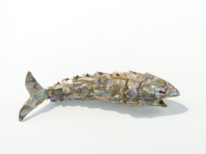 Fish figurine, multicolor mother-of-pearl, brass, early 20th century